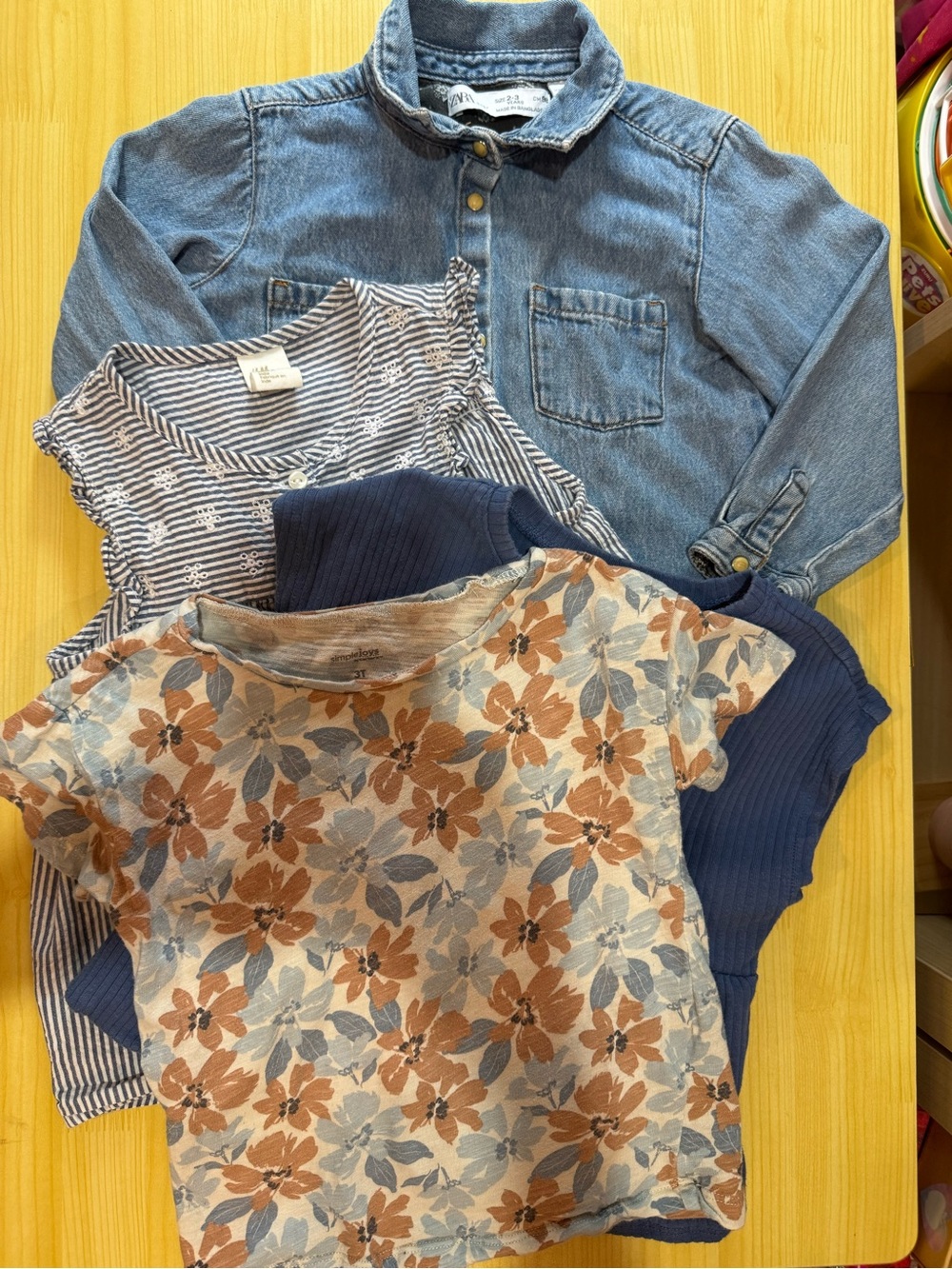 Girls Size 3T Mixed Kids Tops - Floral Tee, Striped Top, Denim Shirt, Ribbed Tee